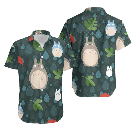 SGhibli Hawaii Shirt Totoro Raindrops Leaves Pattern Hawaiian Shirt Green Unisex