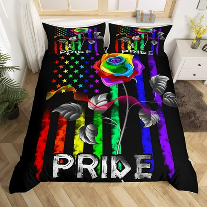 LGBT Bedding Set LGBT Pride Rose Flower American Flag Duvet Covers Colorful Unique Gift