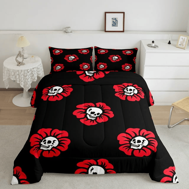 Skull Bedding Set Blooming Floral Skull Pattern Duvet Covers Black Unique Gift