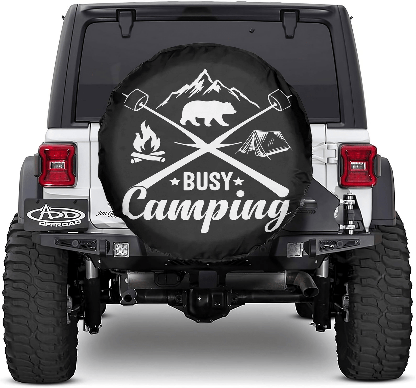 Camping Spare Tire Cover Busy Camping Mountain Campfire Tent Tire Covers Black