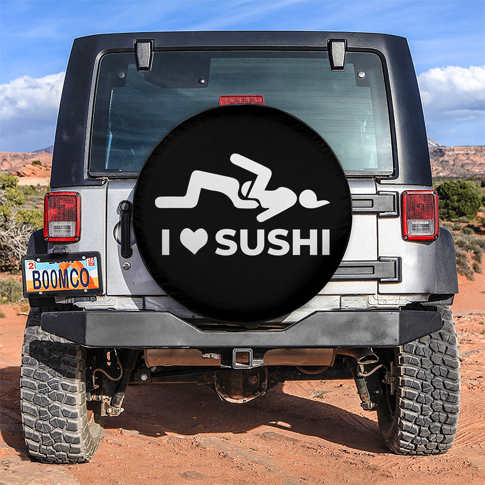 Funny Spare Tire Cover I Love Sushi Funny Icon Tire Covers Black White