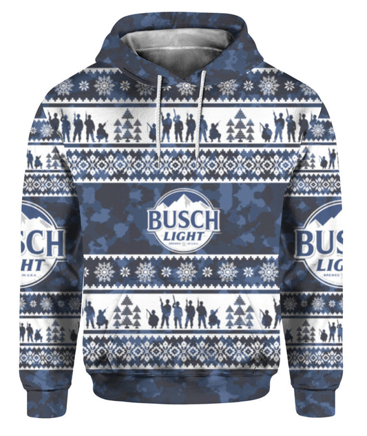 Busch Light Hoodie Busch Light Veteran Christmas Pattern Hoodie White Blue Unisex