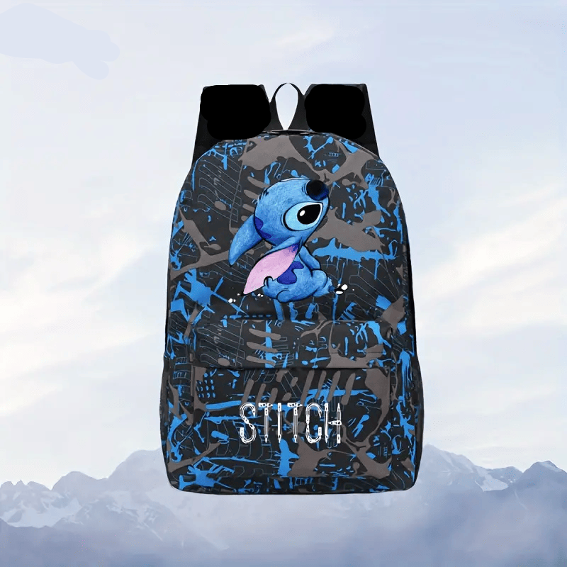 Stitch Backpack DN Cute Stitch Sitting Camo Pattern Backpacks Black Blue