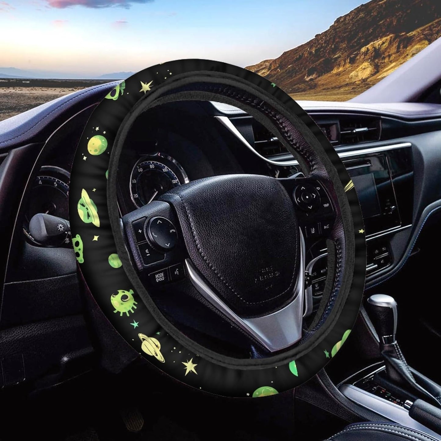 UFO Steering Wheel Cover UFO Planet Star With Faces Driving Wheel Cover Black Green