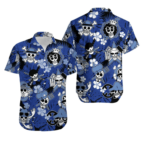 One Piece Hawaii Shirt One Piece Characters Jolly Roger Pattern Hawaiian Shirt Blue Unisex