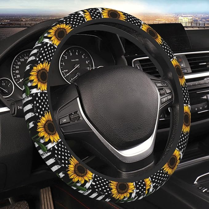 Sunflower Steering Wheel Cover Sunflower With American Flag Pattern Driving Wheel Cover Black Yellow