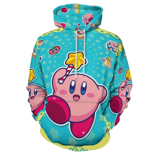 Kirby Hoodie Kirby With Star Wand Food Pattern Hoodie Blue Pink Unisex