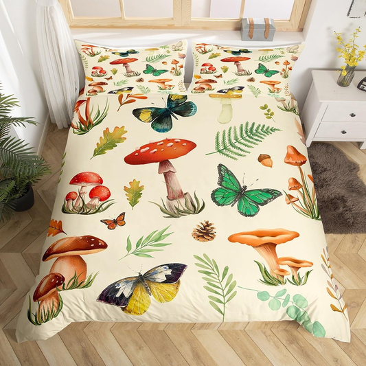 Mushroom Bedding Set Wild Mushroom Butterflies Leaves Plant Duvet Covers Colorful Unique Gift