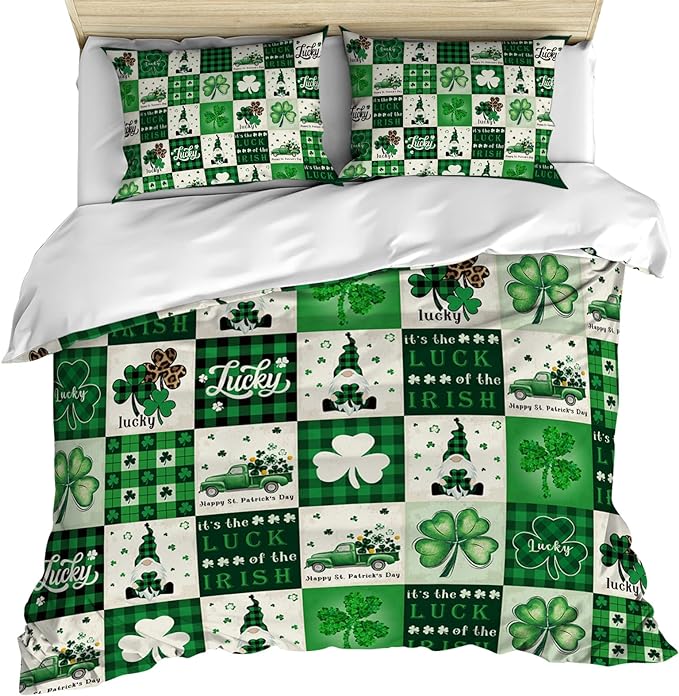 St Patrick Day Bedding Set It's The Luck Irish Shamrock Pattern Duvet Covers Green White Unique Gift