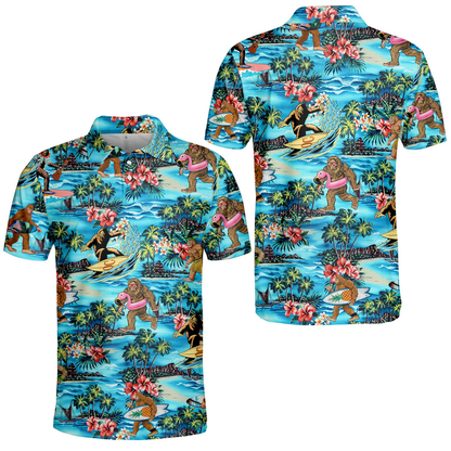 Bigfoot Polo Shirt Bigfoot With Swimming Float And Surfing Pattern Polo Tees Coloful