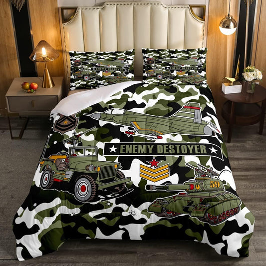 Veteran Bedding Set Enemy Destroyer Tank Camoflage Pattern Duvet Covers Green White Unique Gift