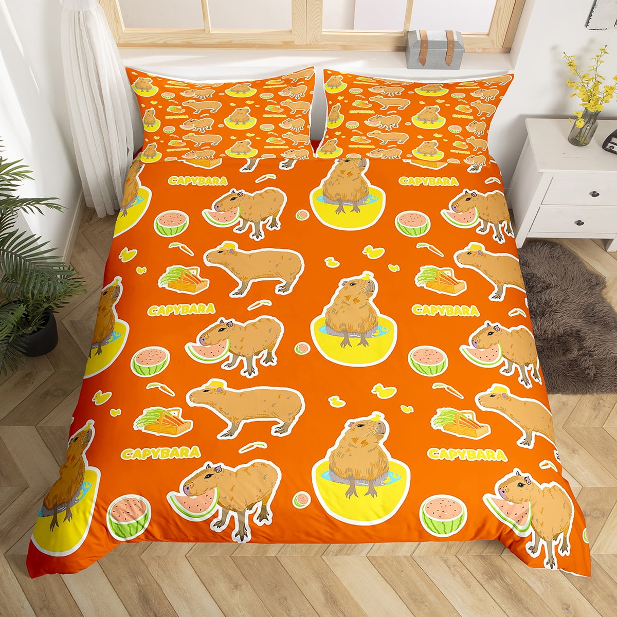 Funny Bedding Set Cute Funny All Poses Capybara Sticker Duvet Covers Orange Unique Gift