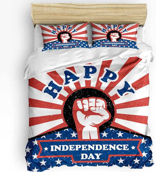 4th of July Bedding Set Happy Independence Day Hand Fist Duvet Covers Blue Red Unique Gift