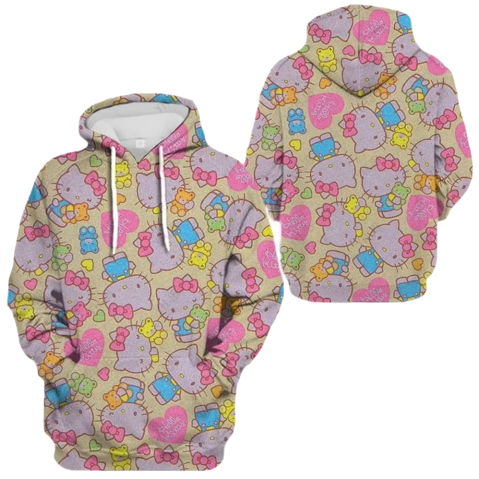 Hello Kitty Hoodie Hello Kitty Heart Twinkle Pattern Hoodie Pink Yellow Unisex