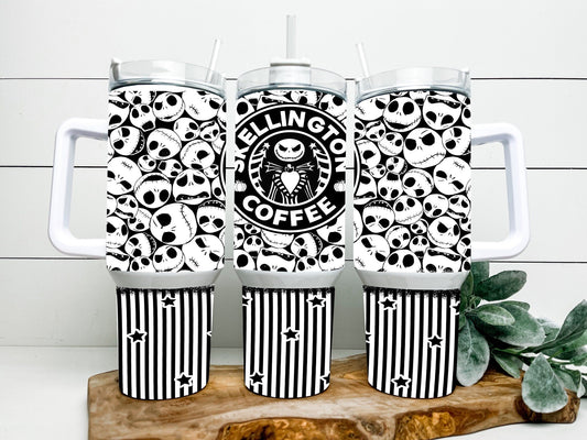 TNBC 40 Oz Tumbler Jack Skellington Face Coffee Pattern Tumbler 40 Oz Black White