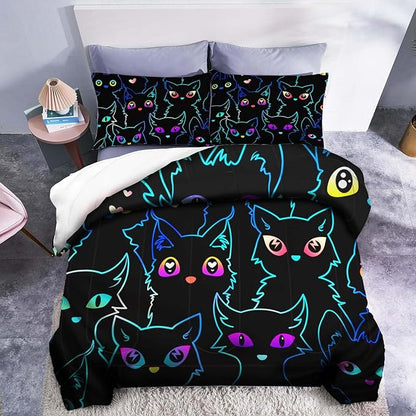 Cat Bedding Set Gradient Line Black Cat Pattern Duvet Covers Black Unique Gift