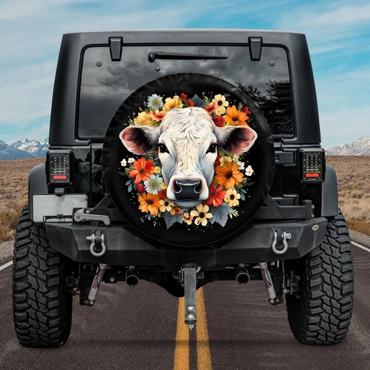 Cow Spare Tire Cover British White Cow With Flower Tire Covers Colorful