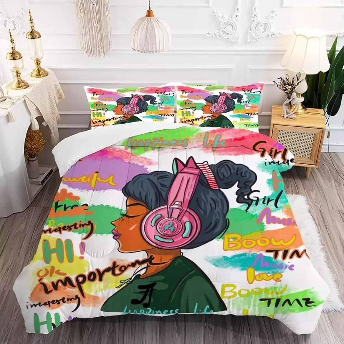 Africa Americans Bedding Set Black Girl Music Motivation Words Pattern Duvet Covers Colorful Unique Gift