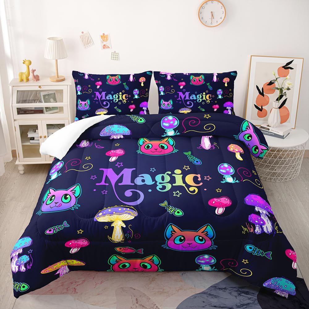 Mushroom Bedding Set Magic Cat And Mushroom Pattern Duvet Covers Colorful Unique Gift