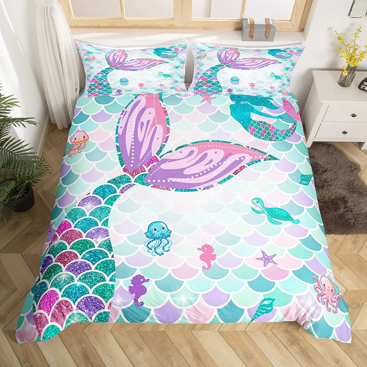 Mermaid Bedding Set Mermaid Tail Marine Creatures Pattern Duvet Covers Colorful Unique Gift