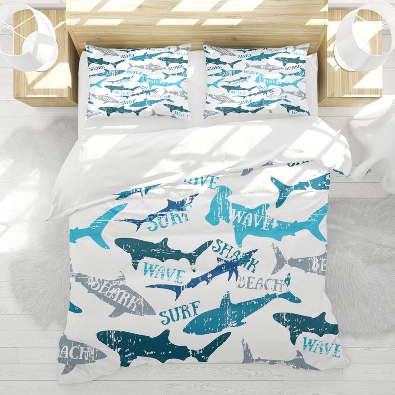 Shark Bedding Set Wave Surf Shark Silhouette Pattern Duvet Covers White Blue Unique Gift