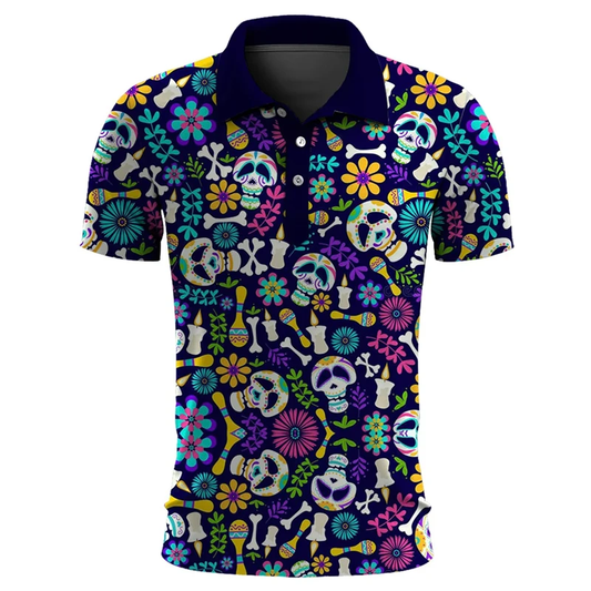 Skull Polo Shirt Sugar Skull Flowers Candles Pattern Boys Polo Shirts Colorful