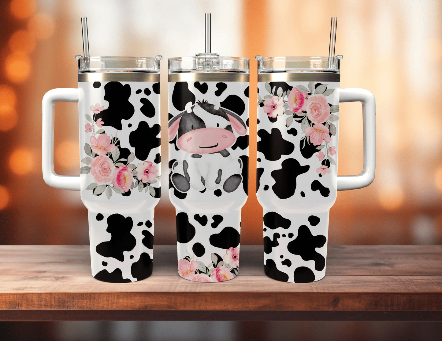 Cow 40 Oz Tumbler Cute Cow Flowers Pattern Tumbler 40 Oz Black White