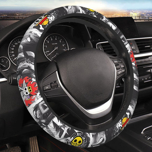 One Piece Steering Wheel Cover One Piece Jolly Roger Manga Pattern Driving Wheel Cover Black White