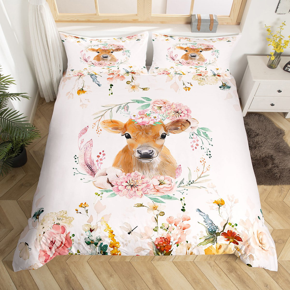 Cow Bedding Set Watercolor Flower Wild Cattle Duvet Covers Pink Unique Gift