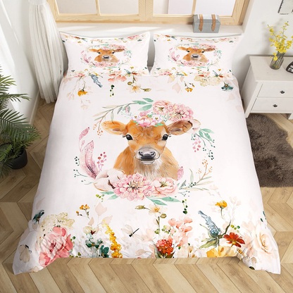 Cow Bedding Set Watercolor Flower Wild Cattle Duvet Covers Pink Unique Gift