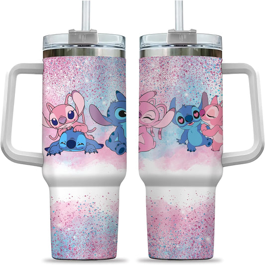 Stitch 40 Oz Tumbler Angel And Stitch Couple Pattern Tumbler 40 Oz Pink Blue