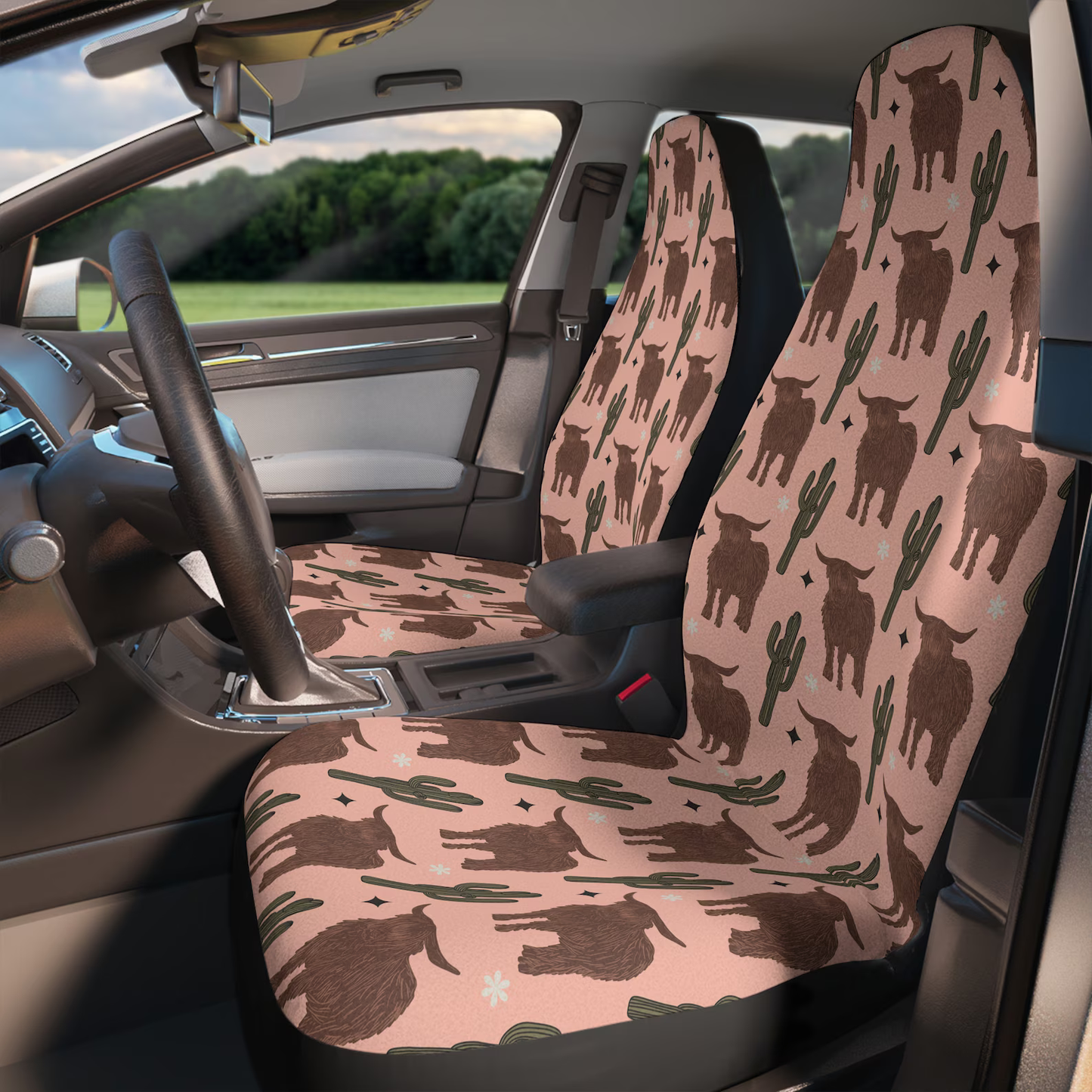 Cow Car Seat Covers Highland Cow And Cactus Pattern Seat Covers Brown