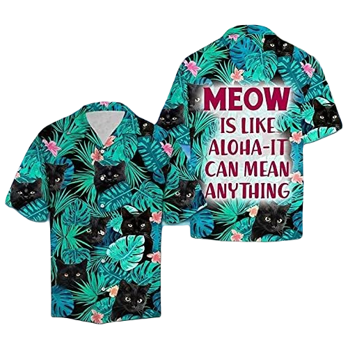 Cat Hawaii Shirt Black Cat Tropical Leaves Pattern Hawaiian Shirt Black Green Unisex