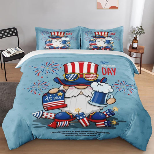 4th of July Bedding Set 4Th of July Happy Cute America Gnome Duvet Covers Blue Red Unique Gift