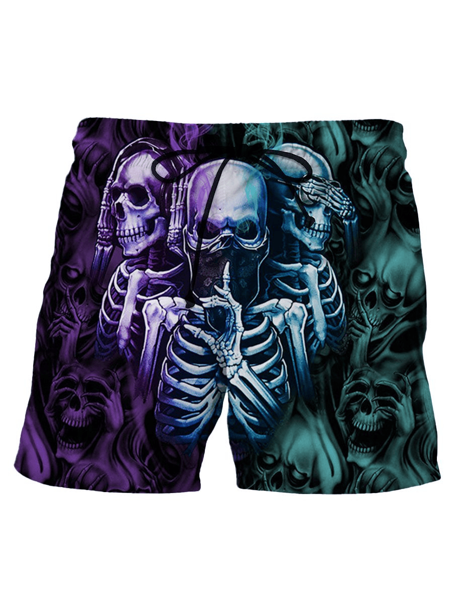 Skull Shorts Skull Neither Hear Nor See Beach Shorts Purple Green