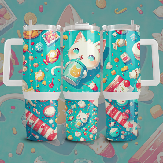 Cat 40 Oz Tumbler Cute Cat And Snacks Pattern Tumbler 40 Oz Blue