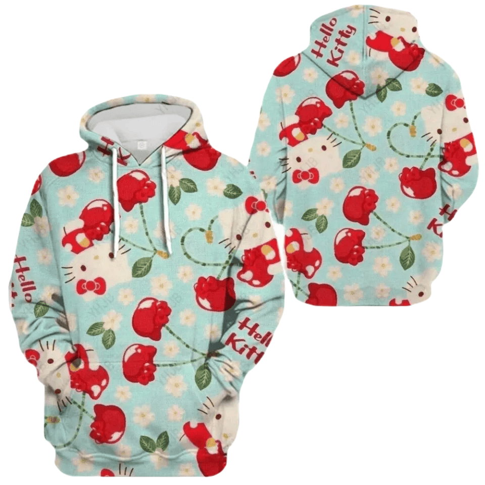 Hello Kitty Hoodie Hello Kitty Cherry Fruit Pattern Hoodie Red Blue Unisex