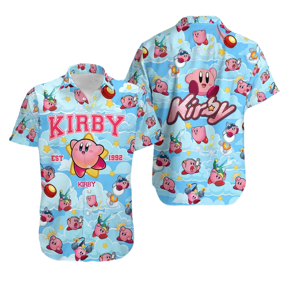 Kirby Hawaii Shirt Kirby Est 1992 Cloud Pattern Hawaiian Shirt Blue Pink Unisex