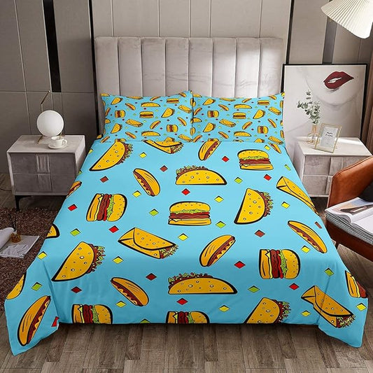 Funny Bedding Set Funny Yummy Tacos Burgers Pattern Duvet Covers Blue Unique Gift