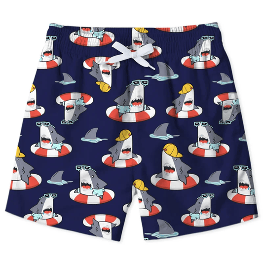 Shark Shorts Cute Shark On Swimming Float Pattern Beach Shorts Colorful