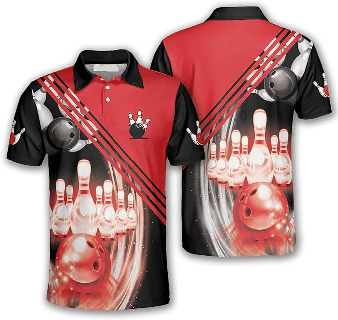 Bowling Polo Shirt Glowing Bowling Balls Pins Boys Polo Shirts Red Black