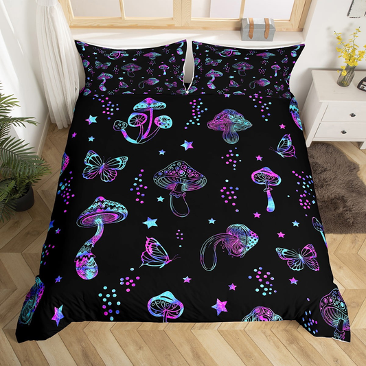 Mushroom Bedding Set Boho Mushroom Butterflies Pattern Duvet Covers Black Unique Gift