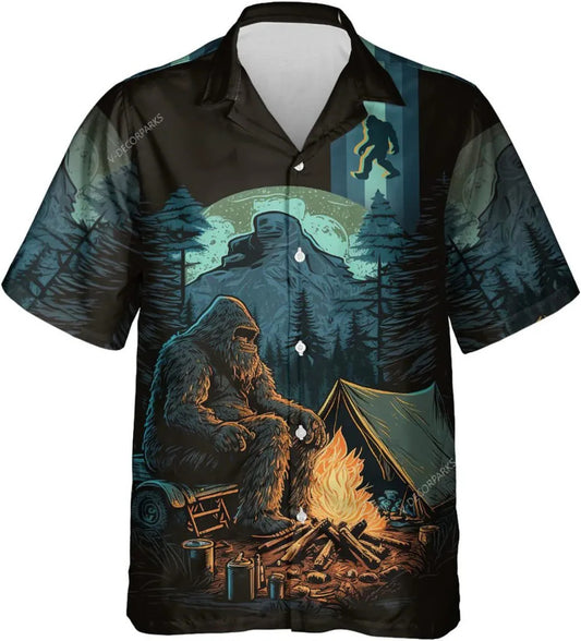 Bigfoot Hawaii Shirt Bigfoot Night Camping In Forest Hawaiian Shirt Blue Unisex