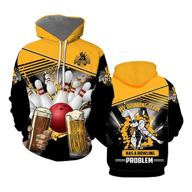 Bowling Hoodie Bowling And Beer Therefore I'm Here Hoodie Black Yellow Unisex