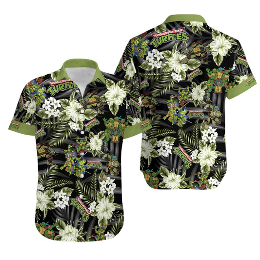 TMNT Hawaii Shirt Ninja Turtle Hibiscus Flower Pattern Hawaiian Shirt Black Green Unisex