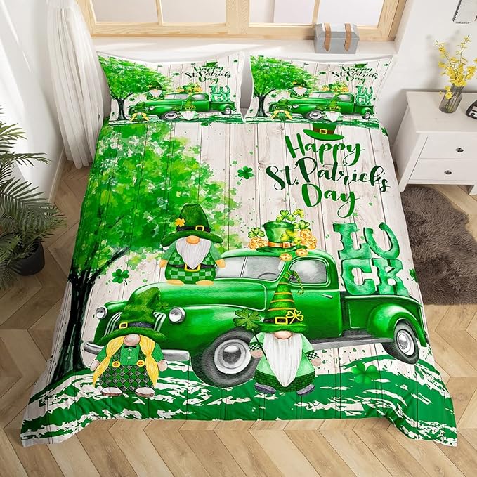 St Patrick Day Bedding Set Happy St Patrick Day Truck Gnome Graphic Duvet Covers Green Unique Gift