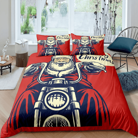 Motorcycle Bedding Set Santa Claus Riding A Motorcycle Duvet Covers Red Unique Gift