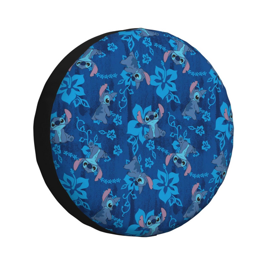 Stitch Spare Tire Cover DN All Stitch Poses Hibiscus Flower Pattern Tire Covers Blue