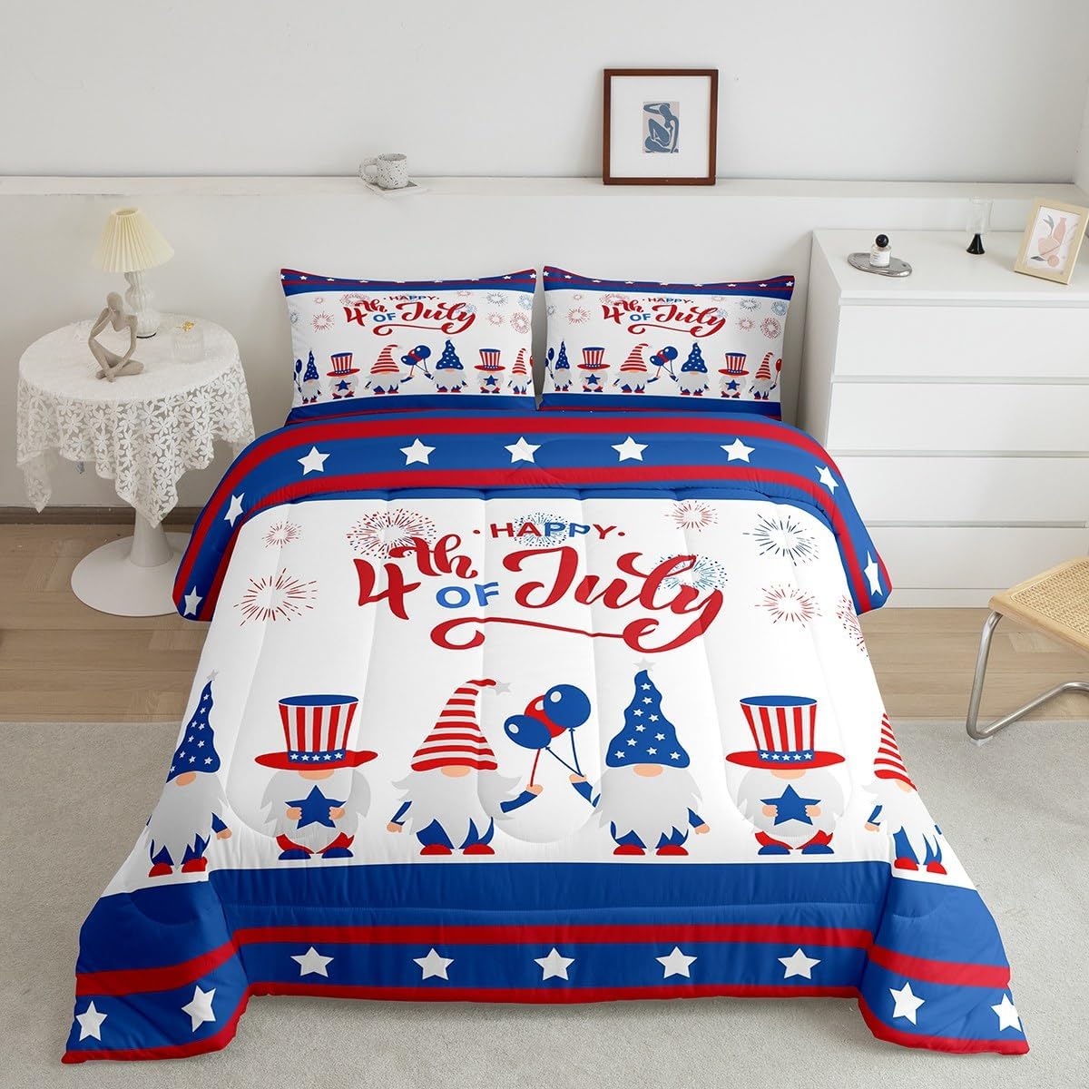 4th of July Bedding Set Happy 4th Of July Gnomes Graphic Duvet Covers Blue Red Unique Gift