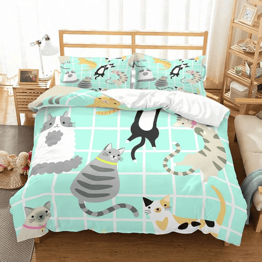 Cat Bedding Set All Types Of Cartoon Cat Pattern Duvet Covers Blue Unique Gift